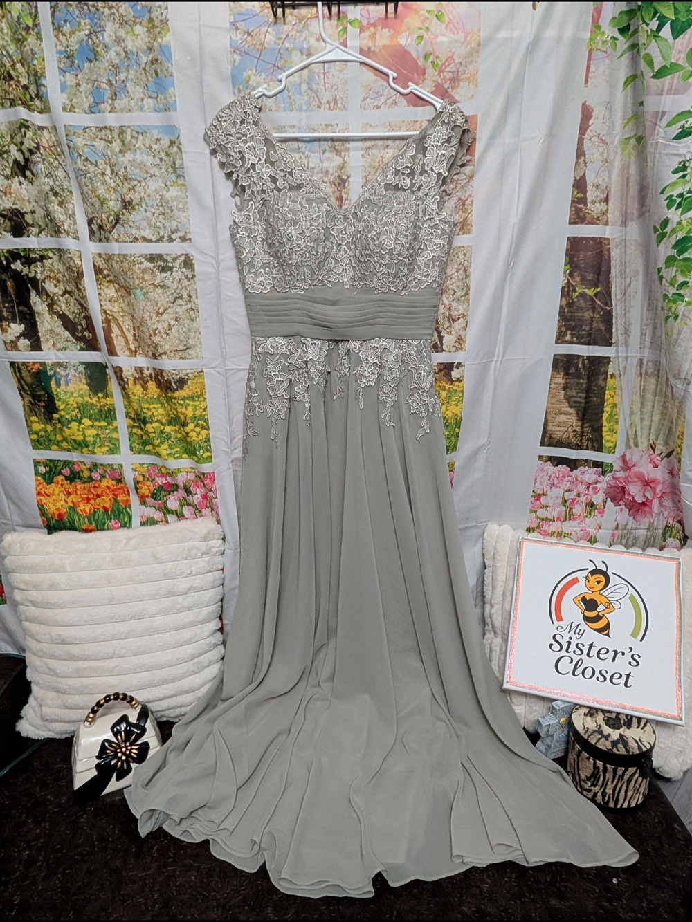 Lace-Embellished Chiffon Maxi Dress in Sage